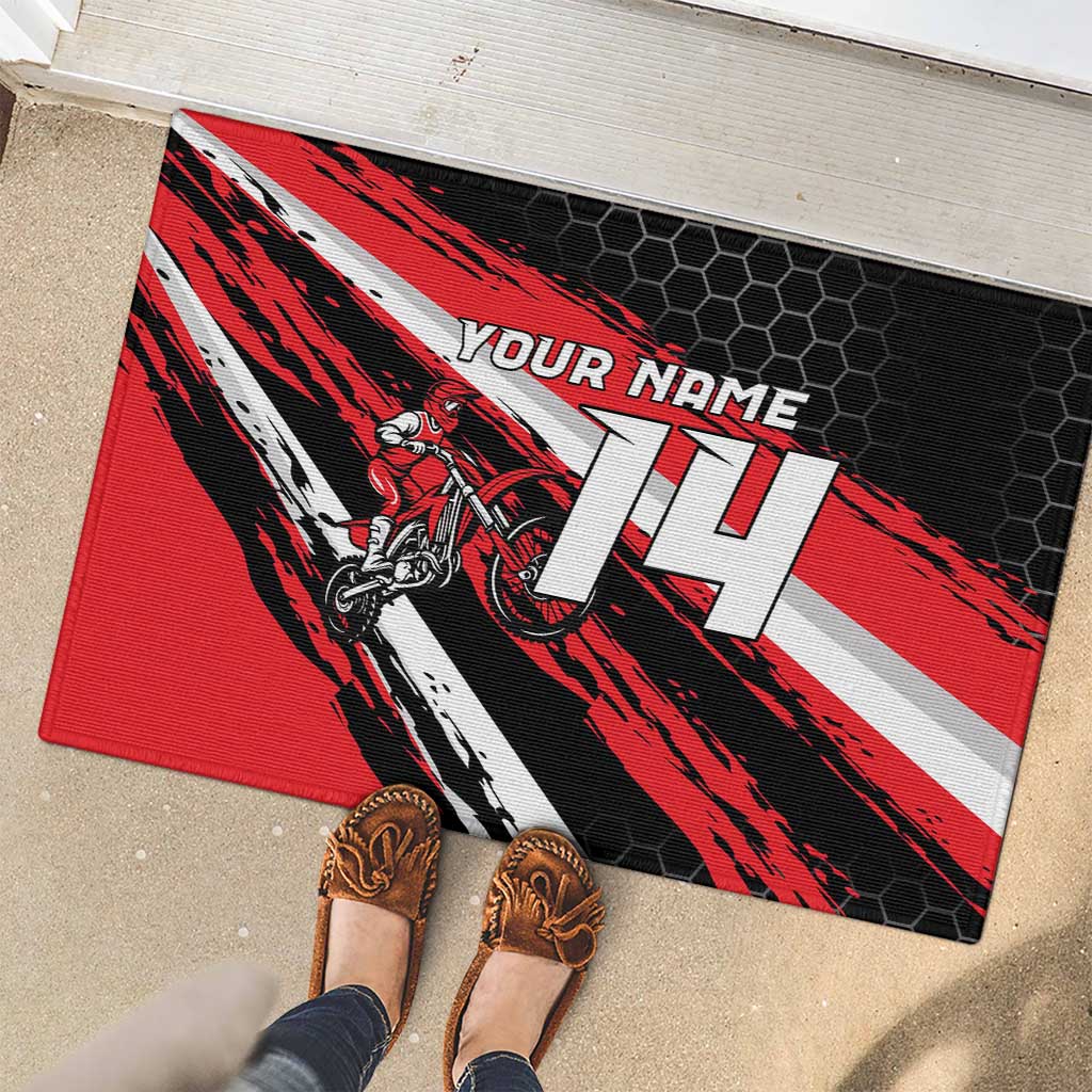Custom Dirt Bike Rubber Doormat Motocross Rider Red Black Hex Pattern and Racing Number - Wonder Print Shop