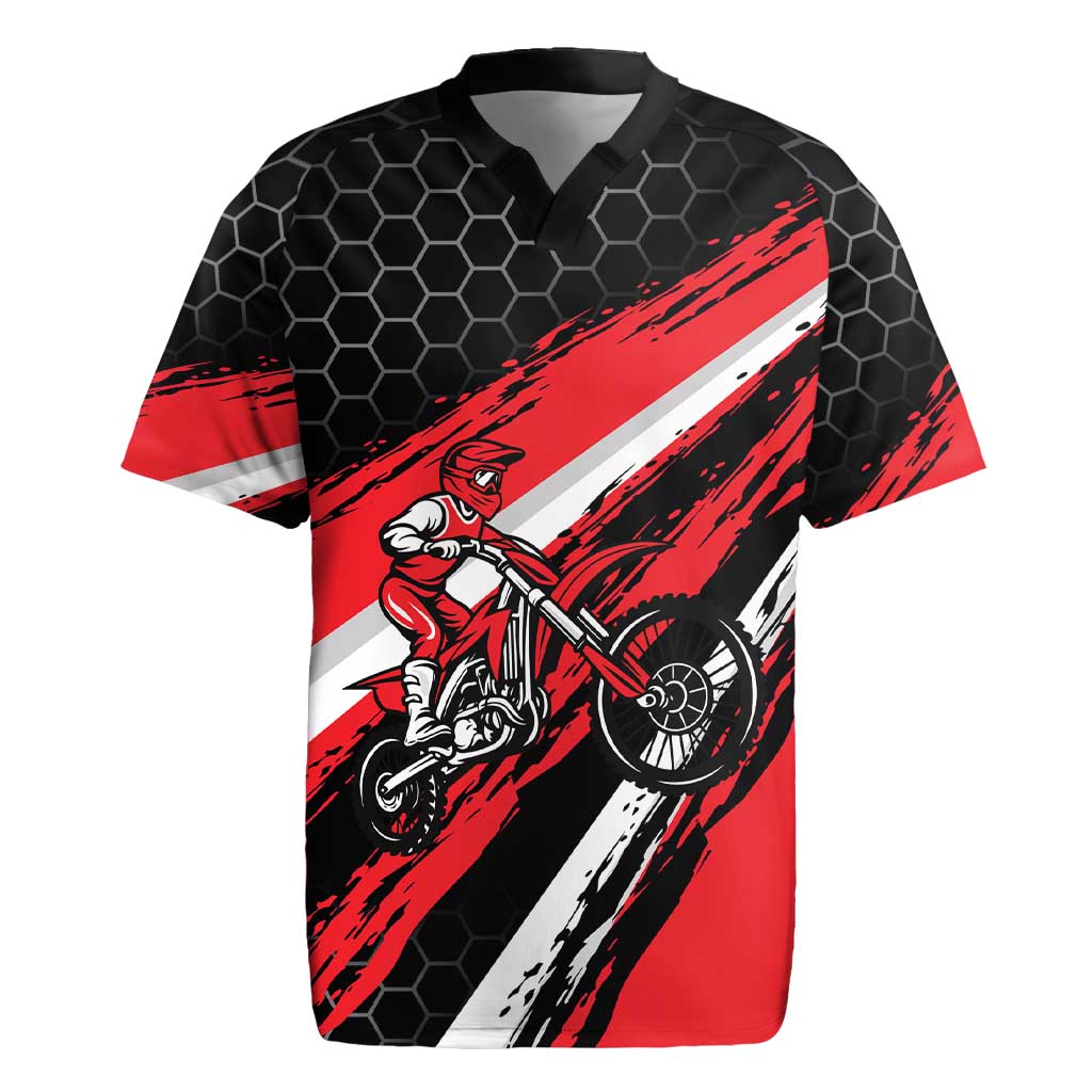 Custom Dirt Bike Rugby Jersey Motocross Rider Red Black Hex Pattern and Racing Number - Wonder Print Shop