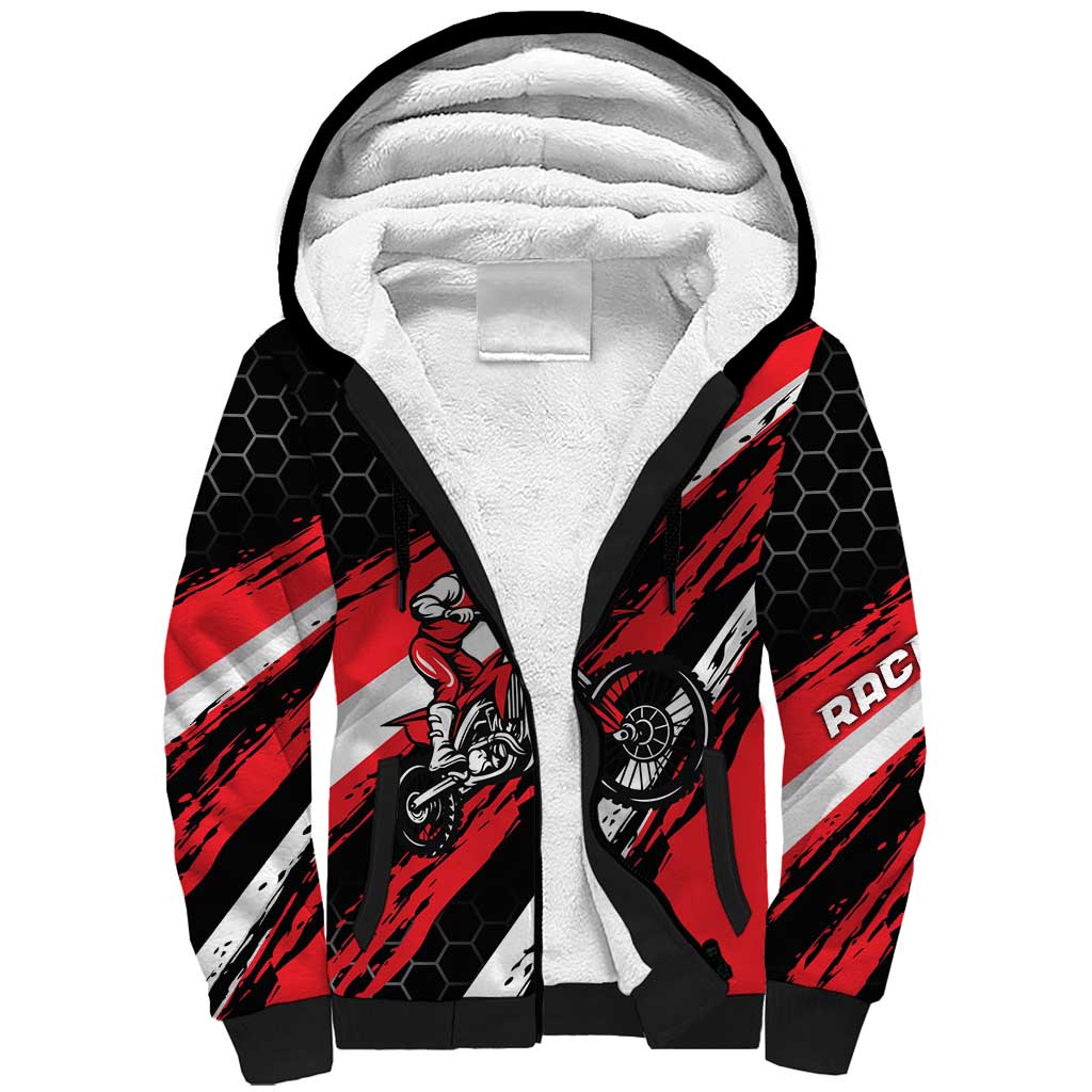 Custom Dirt Bike Sherpa Hoodie Motocross Rider Red Black Hex Pattern and Racing Number - Wonder Print Shop