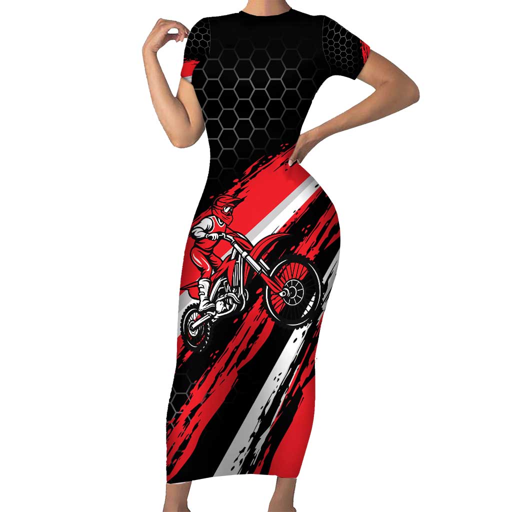 Custom Dirt Bike Short Sleeve Bodycon Dress Motocross Rider Red Black Hex Pattern and Racing Number - Wonder Print Shop