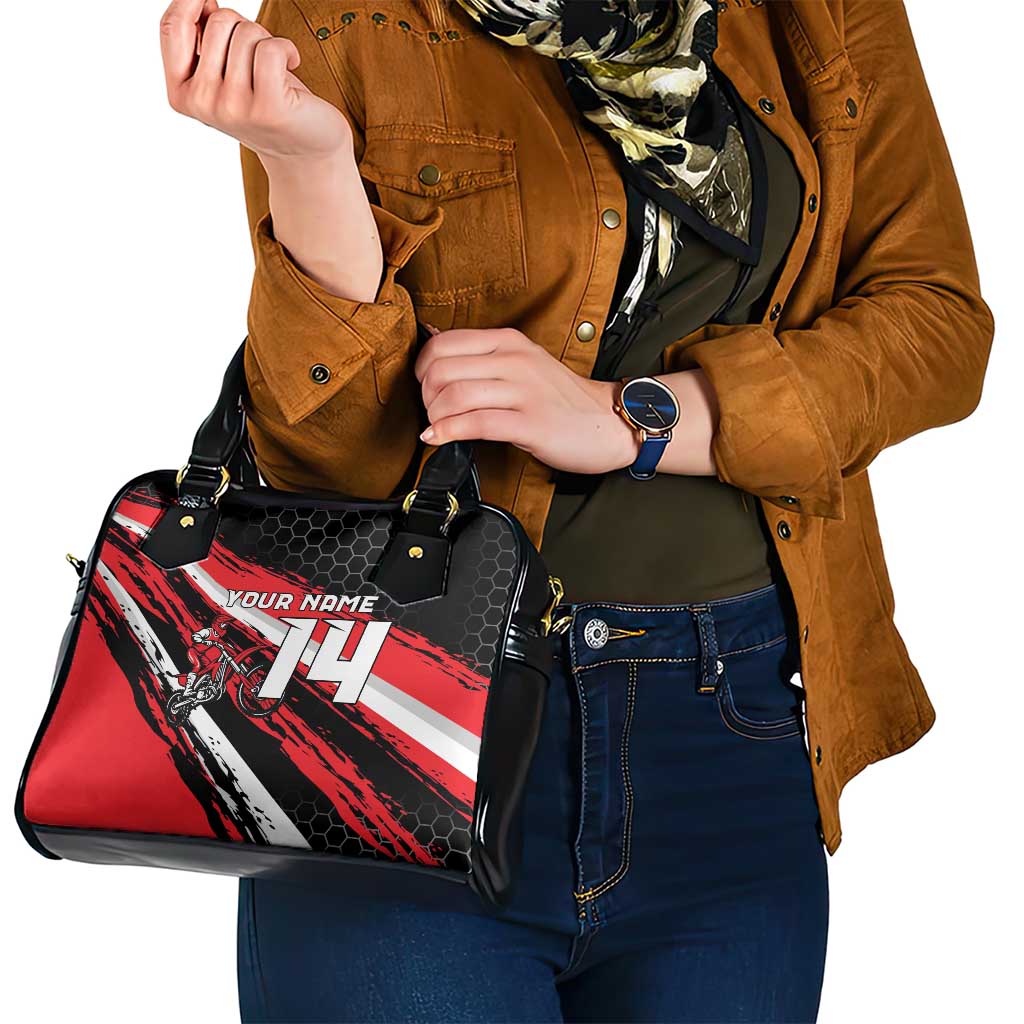 Custom Dirt Bike Shoulder Handbag Motocross Rider Red Black Hex Pattern and Racing Number - Wonder Print Shop