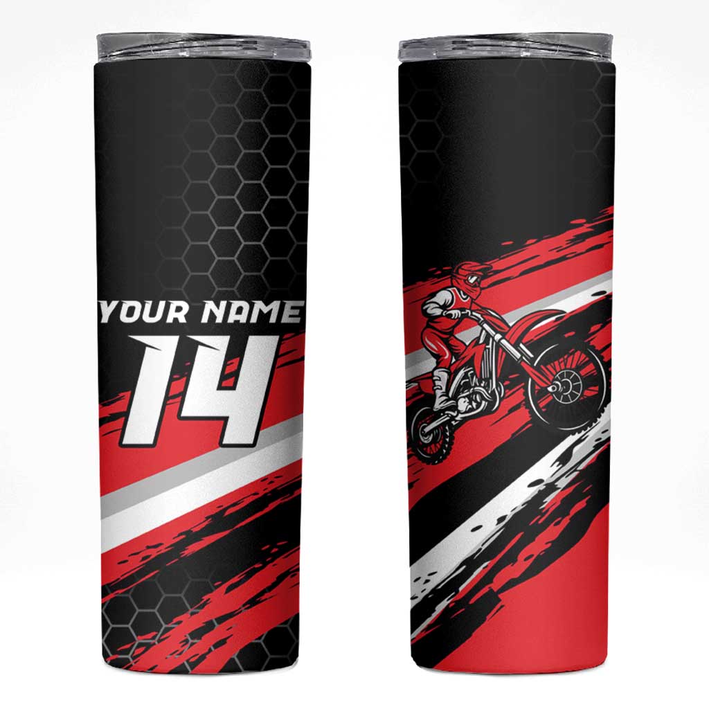 Custom Dirt Bike Skinny Tumbler Motocross Rider Red Black Hex Pattern and Racing Number - Wonder Print Shop