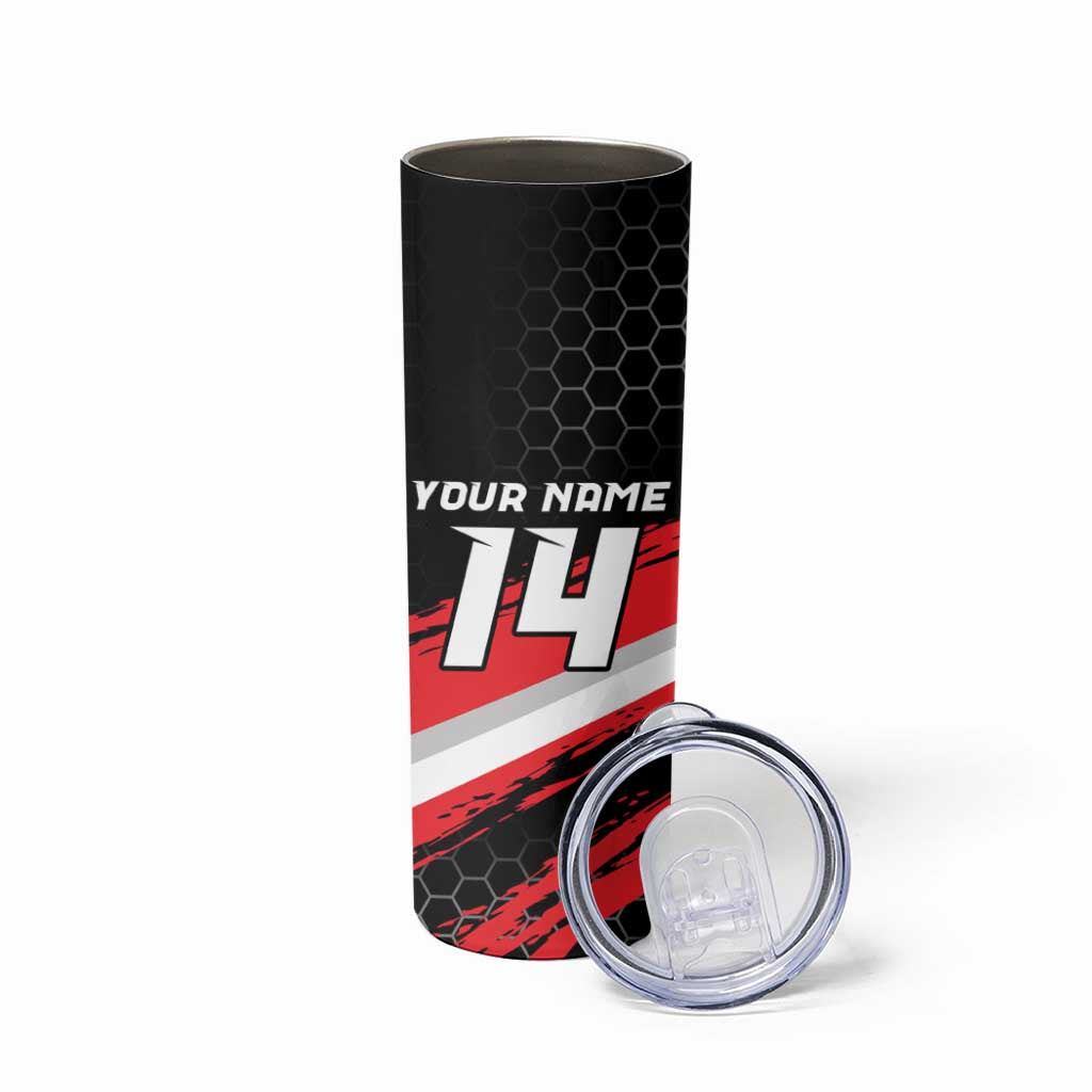 Custom Dirt Bike Skinny Tumbler Motocross Rider Red Black Hex Pattern and Racing Number - Wonder Print Shop