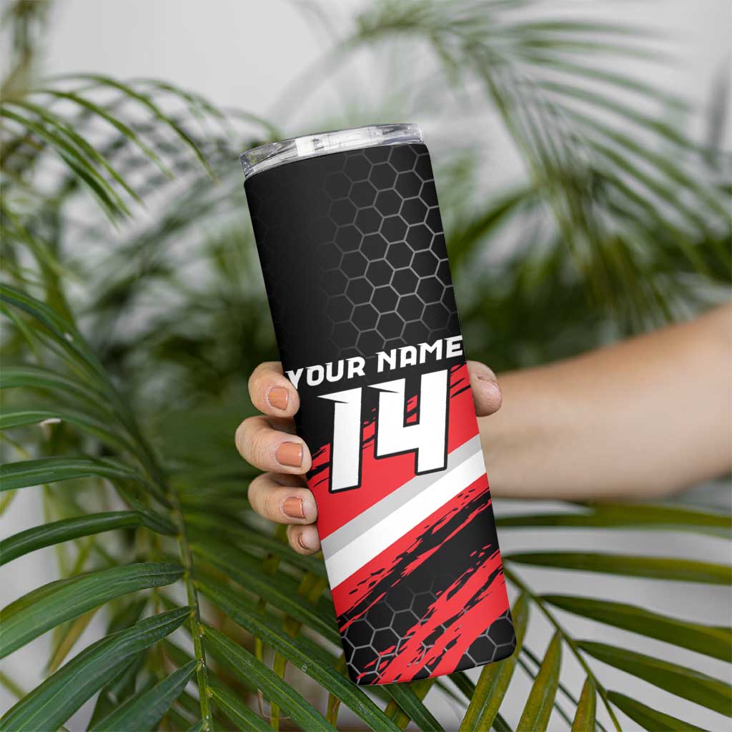 Custom Dirt Bike Skinny Tumbler Motocross Rider Red Black Hex Pattern and Racing Number - Wonder Print Shop
