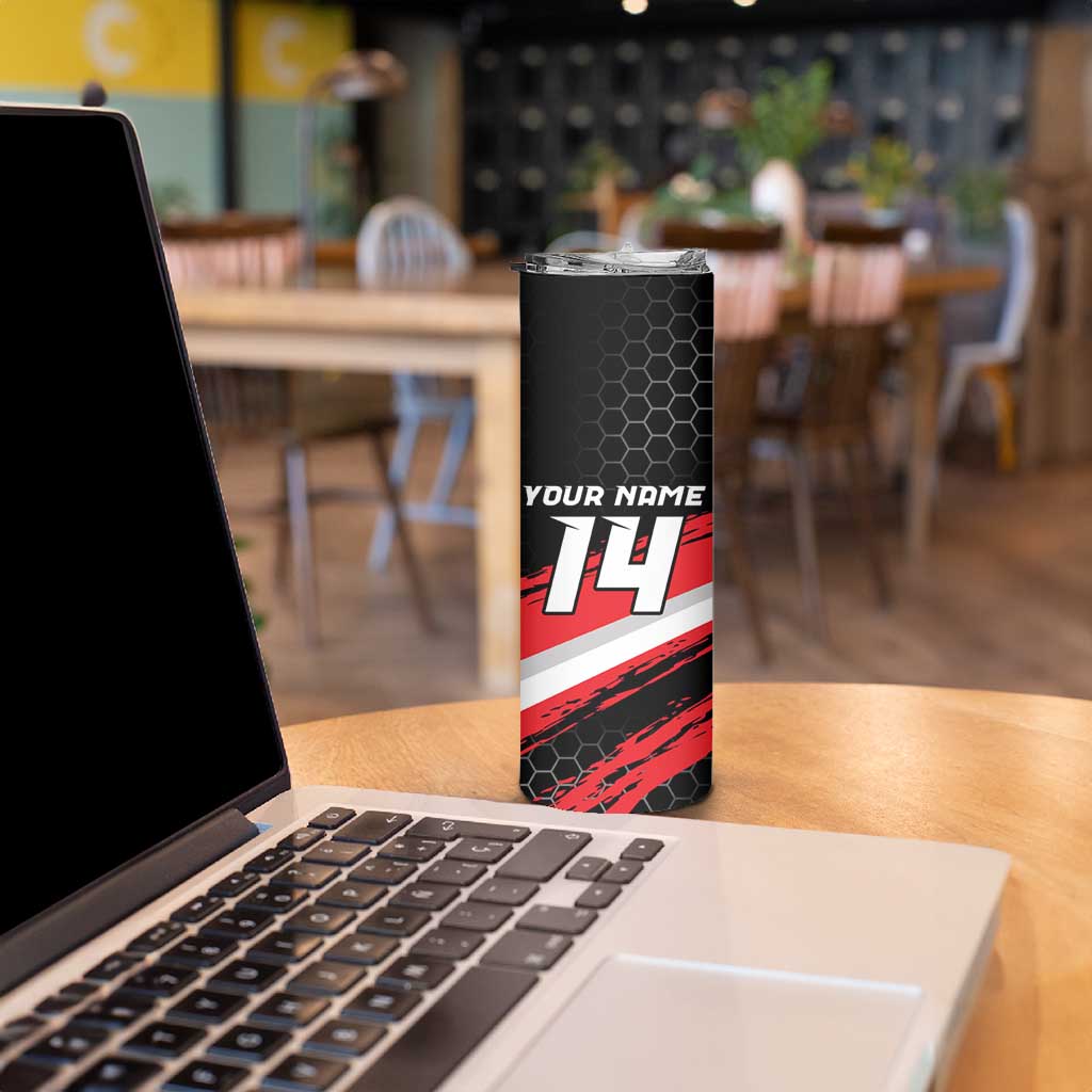 Custom Dirt Bike Skinny Tumbler Motocross Rider Red Black Hex Pattern and Racing Number - Wonder Print Shop