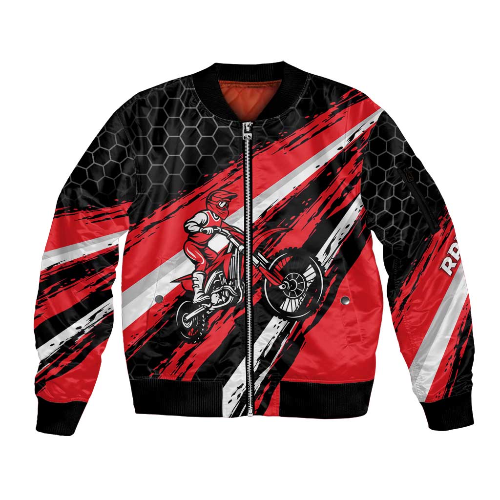 Custom Dirt Bike Sleeve Zip Bomber Jacket Motocross Rider Red Black Hex Pattern and Racing Number - Wonder Print Shop
