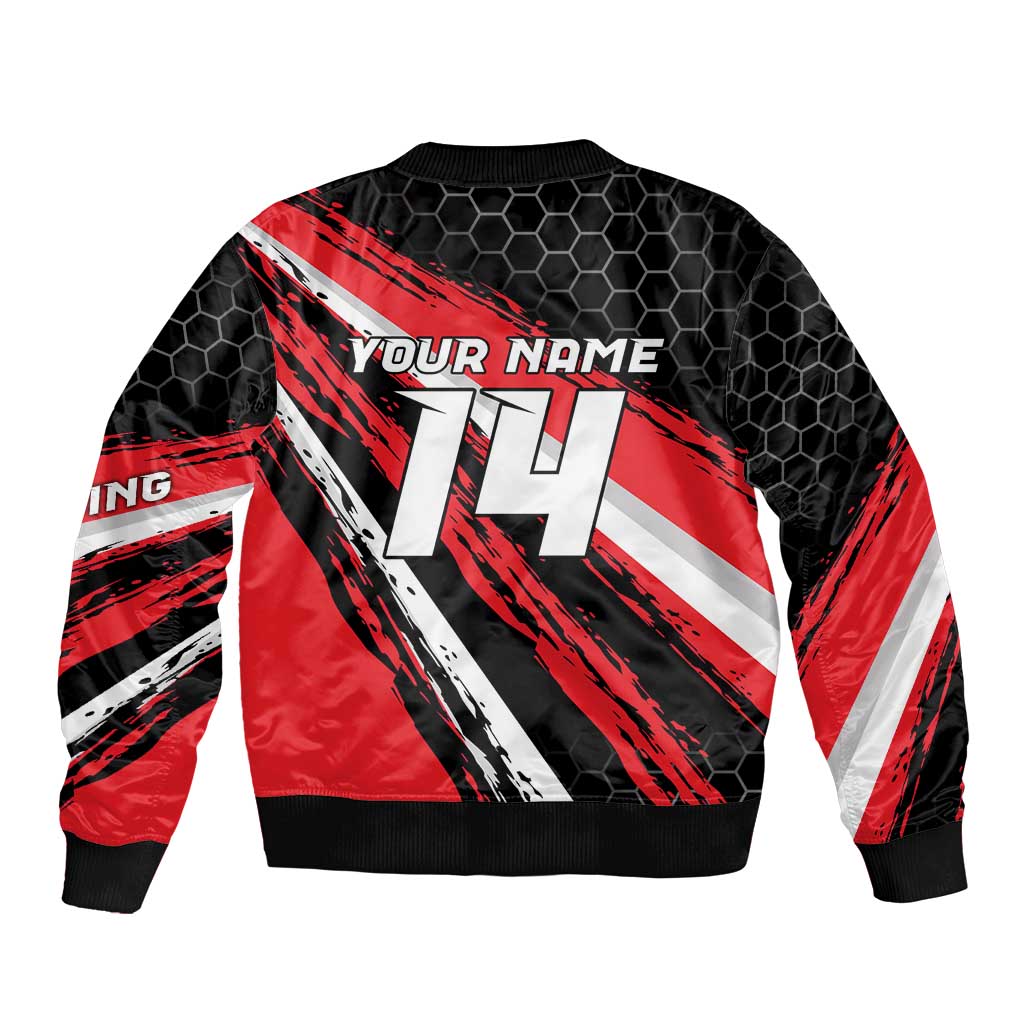 Custom Dirt Bike Sleeve Zip Bomber Jacket Motocross Rider Red Black Hex Pattern and Racing Number - Wonder Print Shop