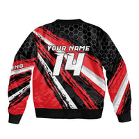Custom Dirt Bike Sleeve Zip Bomber Jacket Motocross Rider Red Black Hex Pattern and Racing Number - Wonder Print Shop