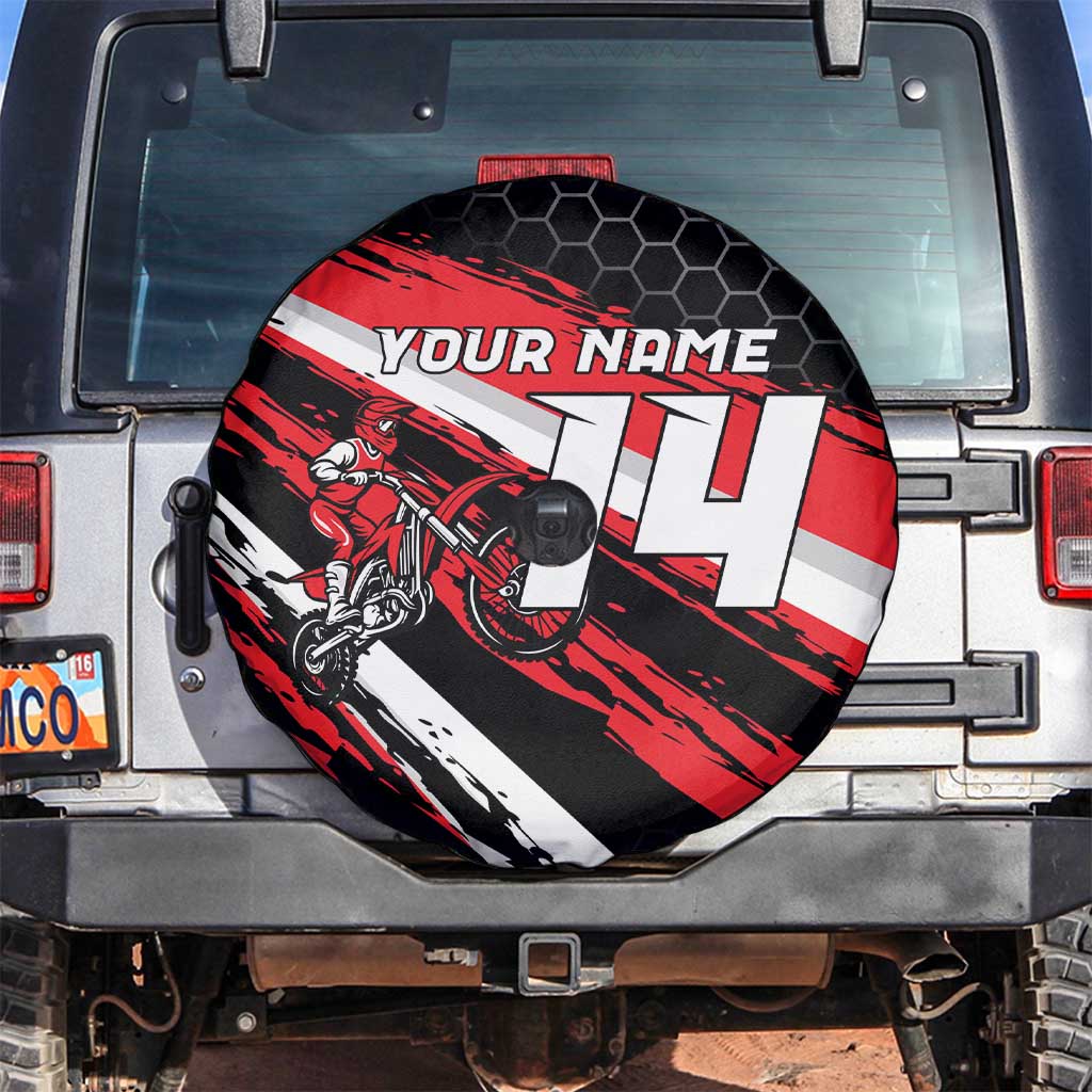 Custom Dirt Bike Spare Tire Cover Motocross Rider Red Black Hex Pattern and Racing Number - Wonder Print Shop