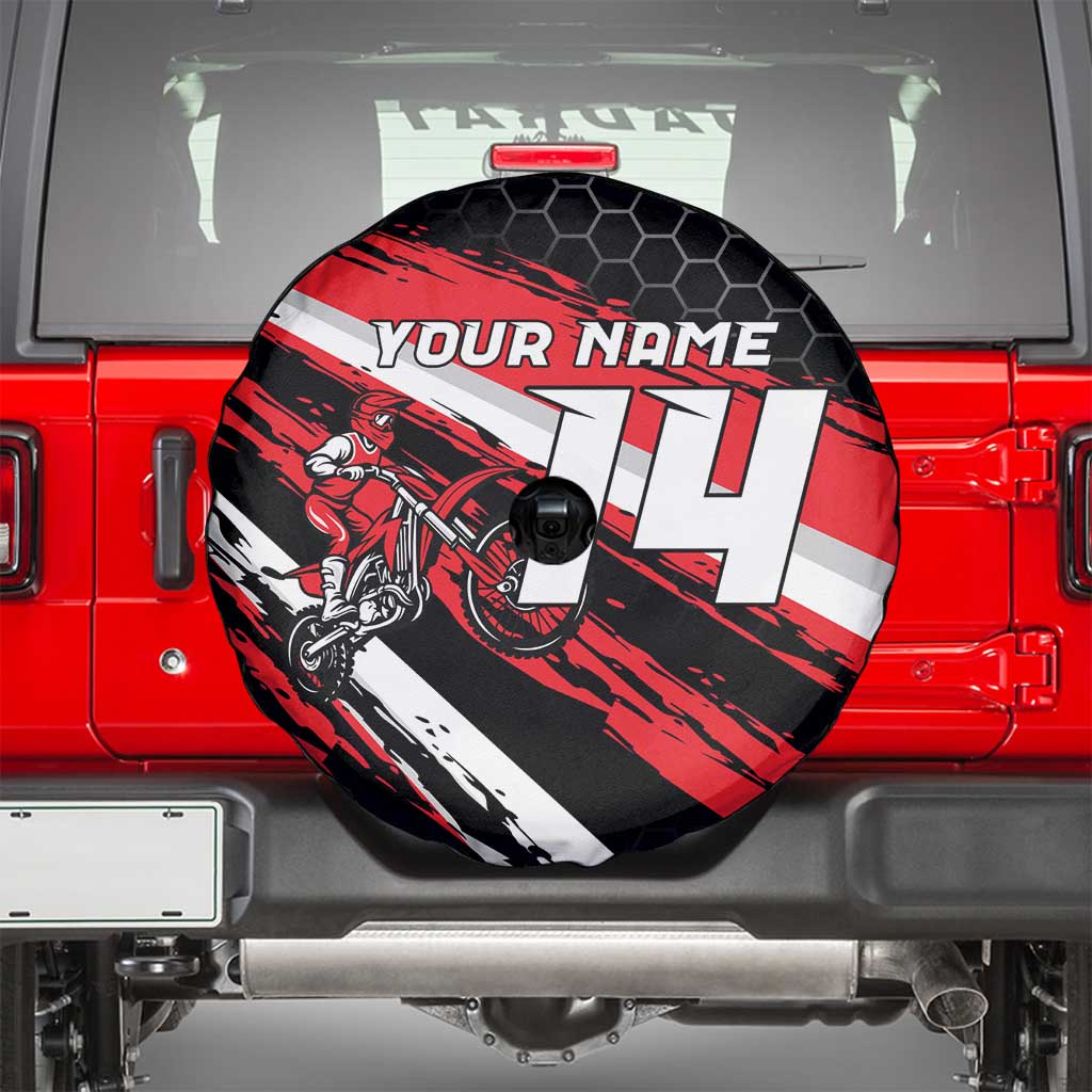 Custom Dirt Bike Spare Tire Cover Motocross Rider Red Black Hex Pattern and Racing Number - Wonder Print Shop
