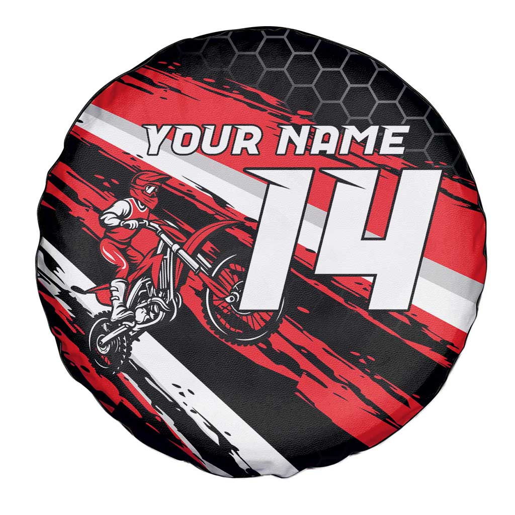 Custom Dirt Bike Spare Tire Cover Motocross Rider Red Black Hex Pattern and Racing Number - Wonder Print Shop