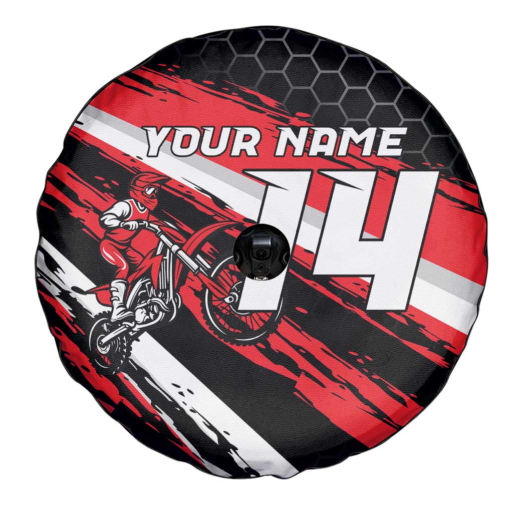 Custom Dirt Bike Spare Tire Cover Motocross Rider Red Black Hex Pattern and Racing Number - Wonder Print Shop