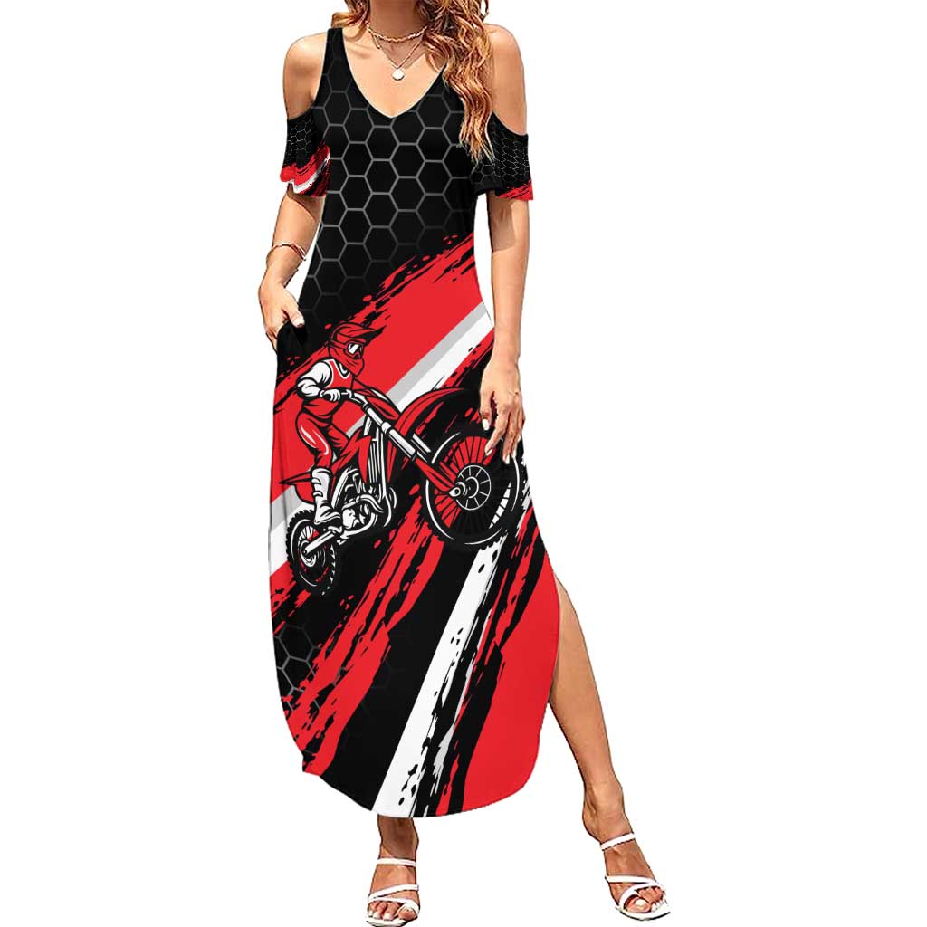 Custom Dirt Bike Summer Maxi Dress Motocross Rider Red Black Hex Pattern and Racing Number - Wonder Print Shop