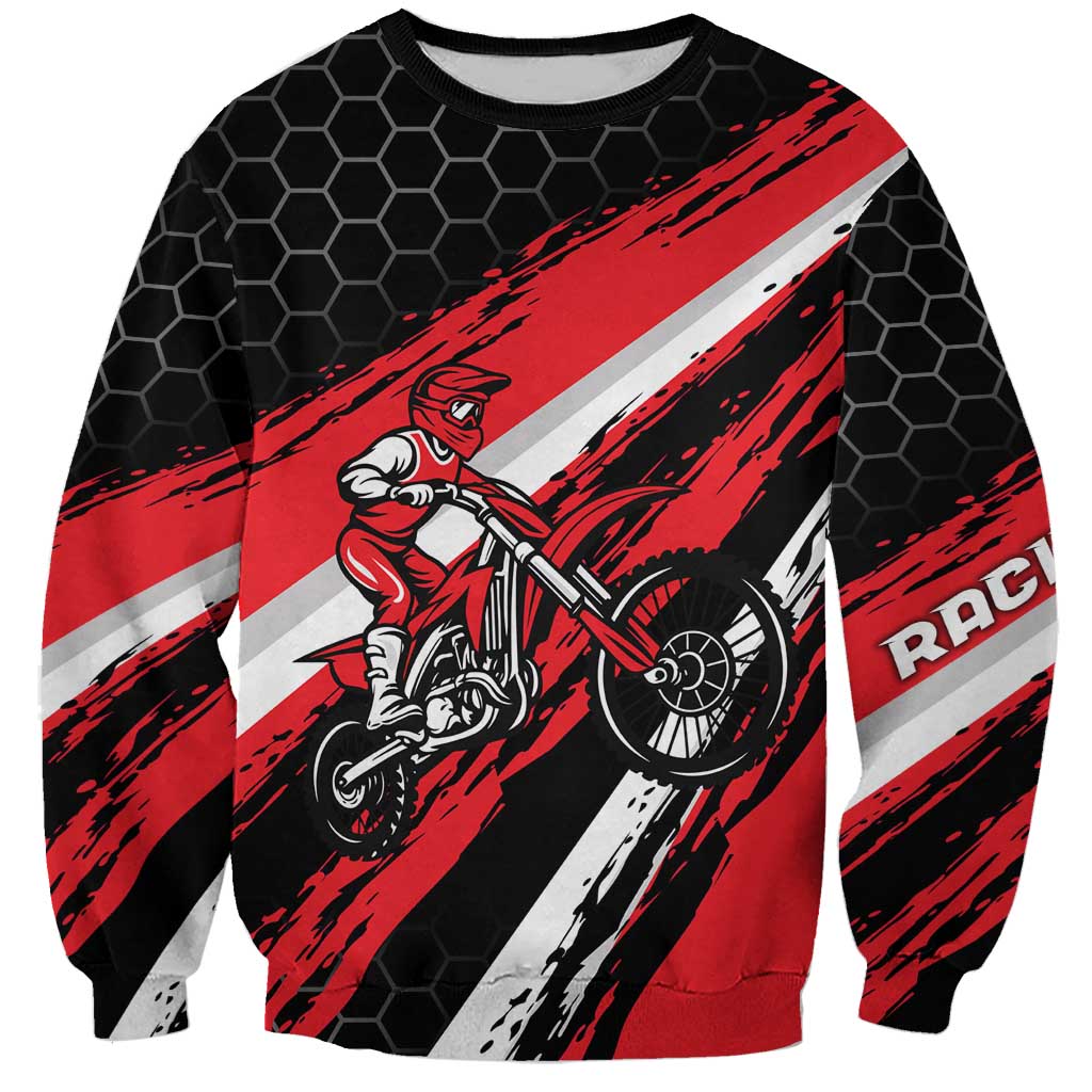 Custom Dirt Bike Sweatshirt Motocross Rider Red Black Hex Pattern and Racing Number - Wonder Print Shop