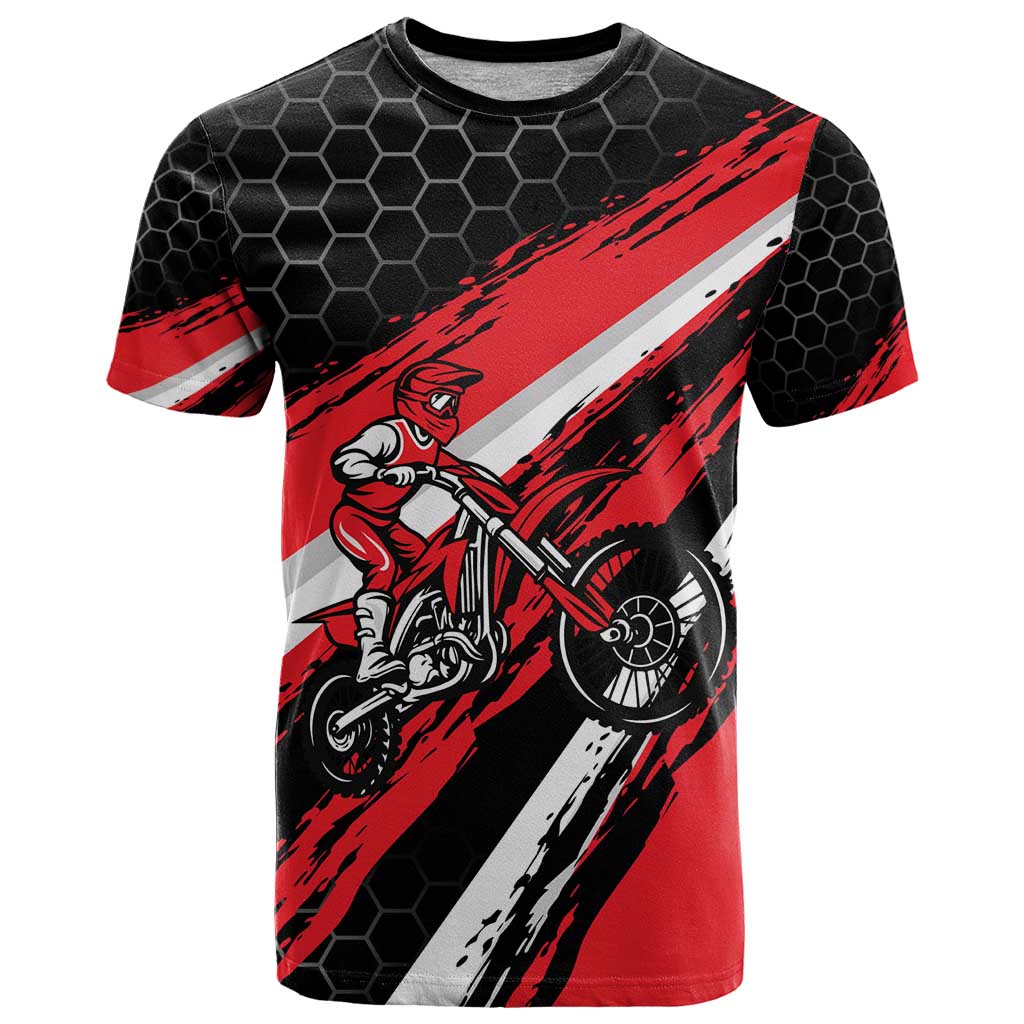 Custom Dirt Bike T Shirt Motocross Rider Red Black Hex Pattern and Racing Number - Wonder Print Shop