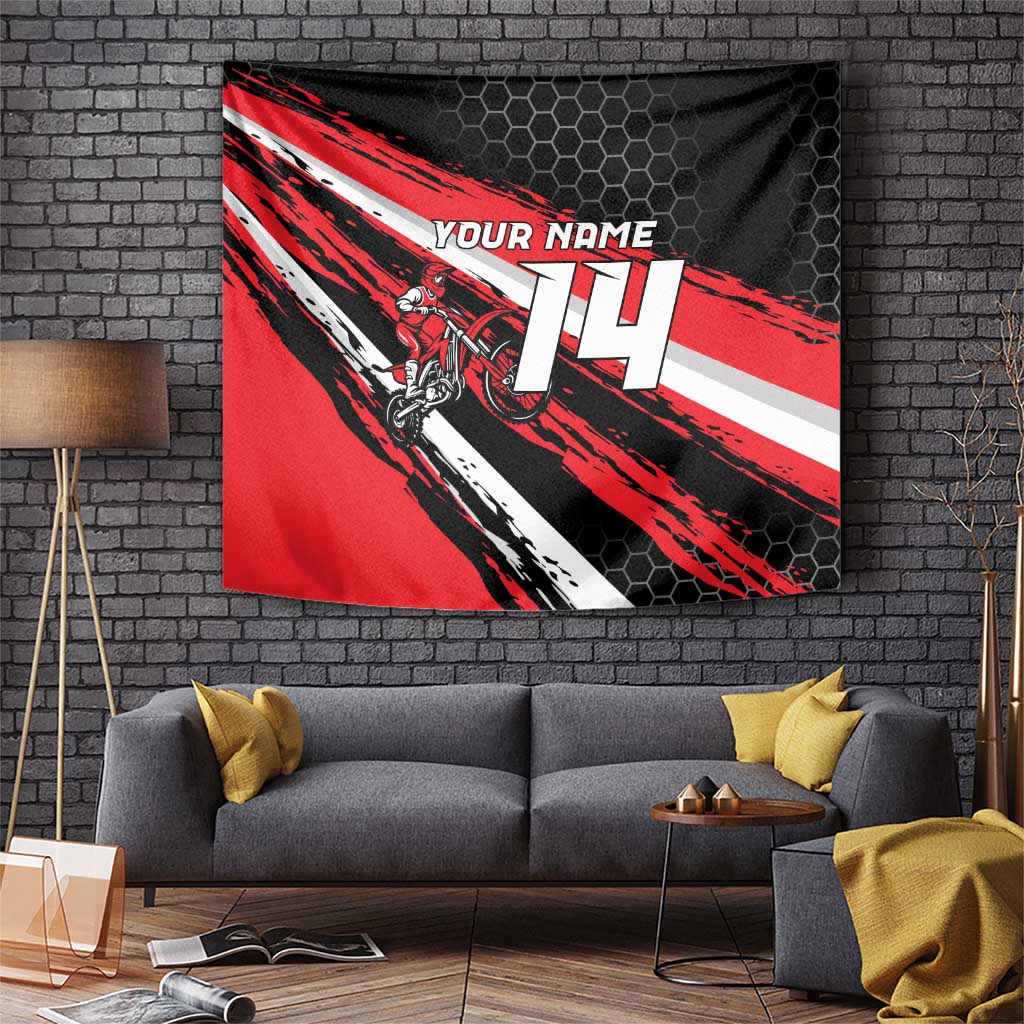 Custom Dirt Bike Tapestry Motocross Rider Red Black Hex Pattern and Racing Number - Wonder Print Shop