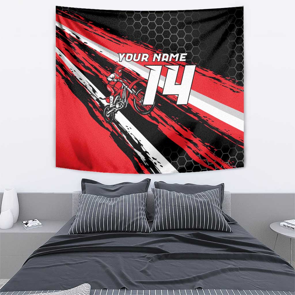 Custom Dirt Bike Tapestry Motocross Rider Red Black Hex Pattern and Racing Number - Wonder Print Shop