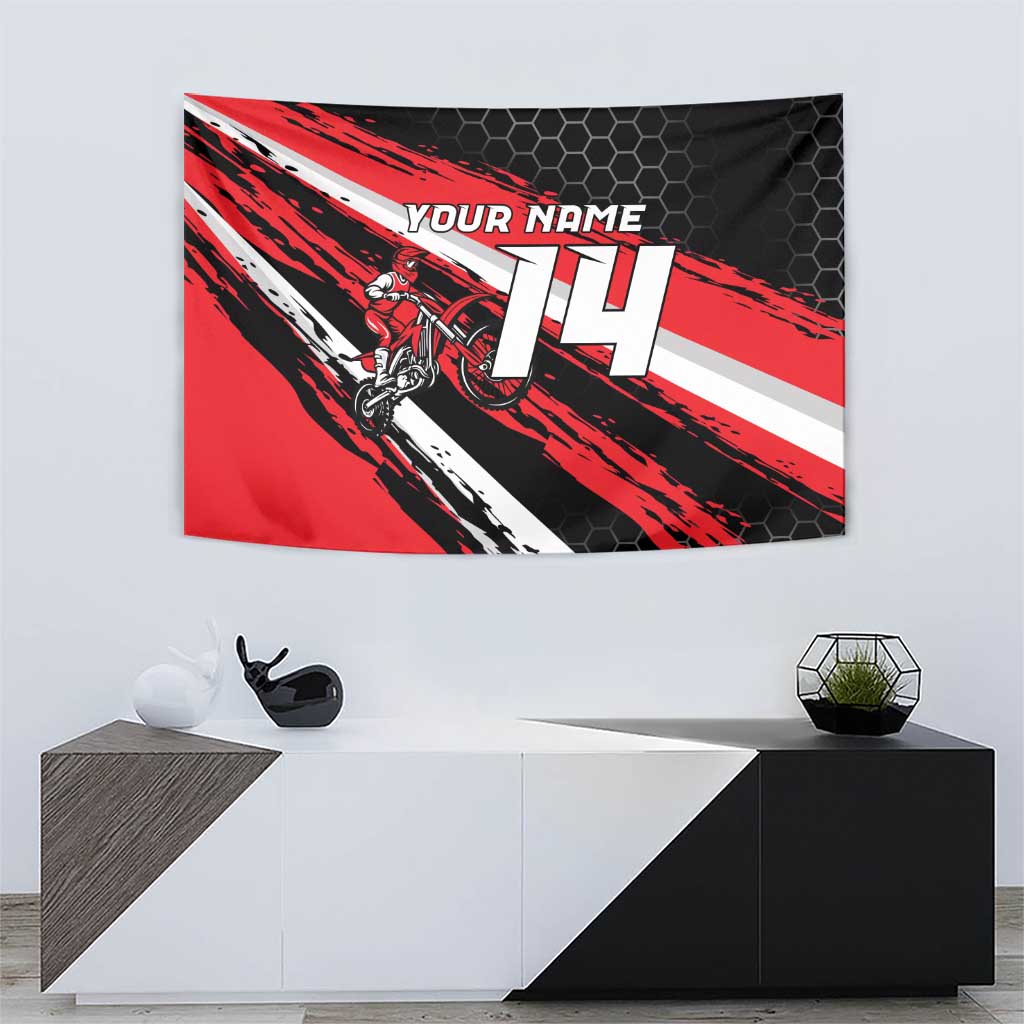 Custom Dirt Bike Tapestry Motocross Rider Red Black Hex Pattern and Racing Number - Wonder Print Shop