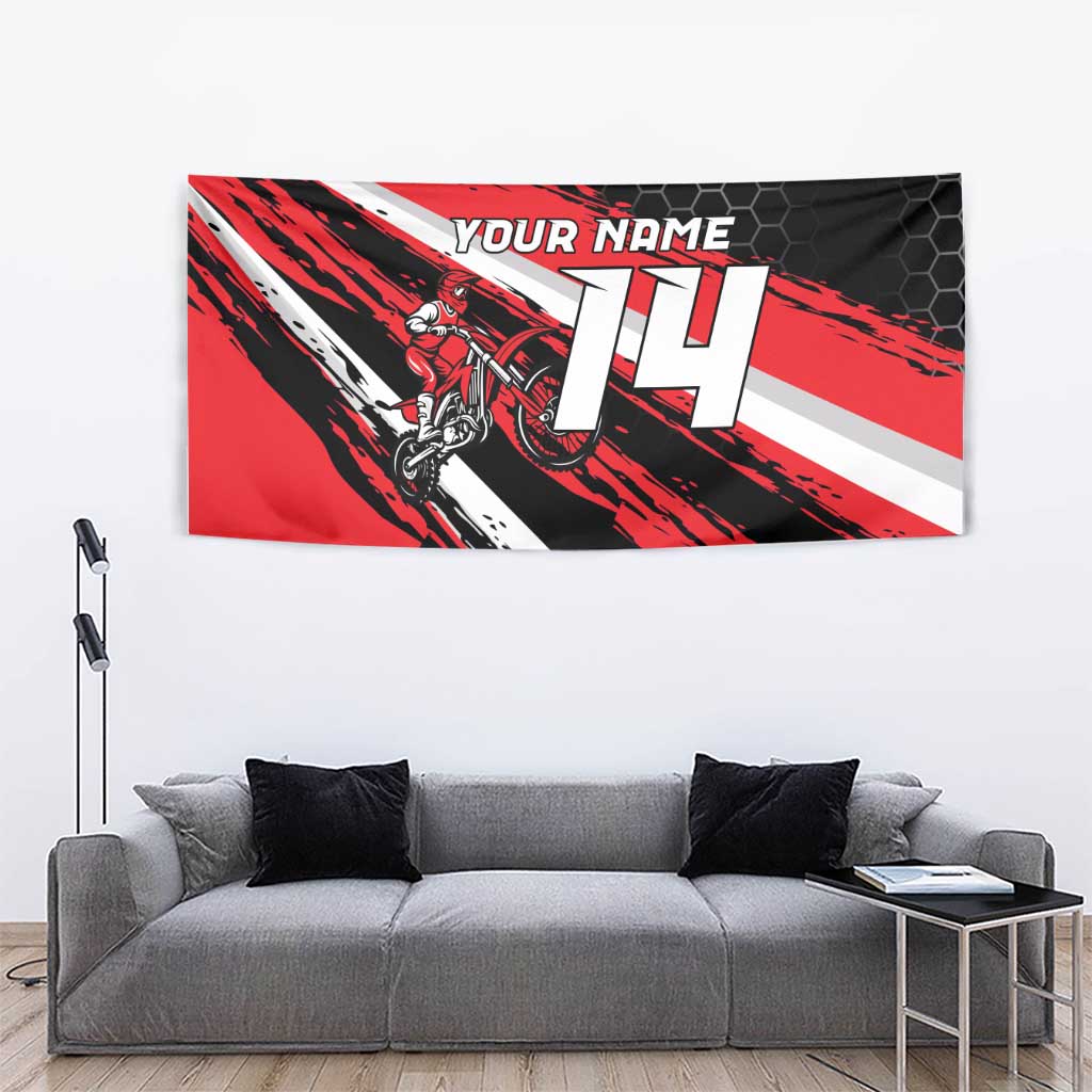 Custom Dirt Bike Tapestry Motocross Rider Red Black Hex Pattern and Racing Number - Wonder Print Shop
