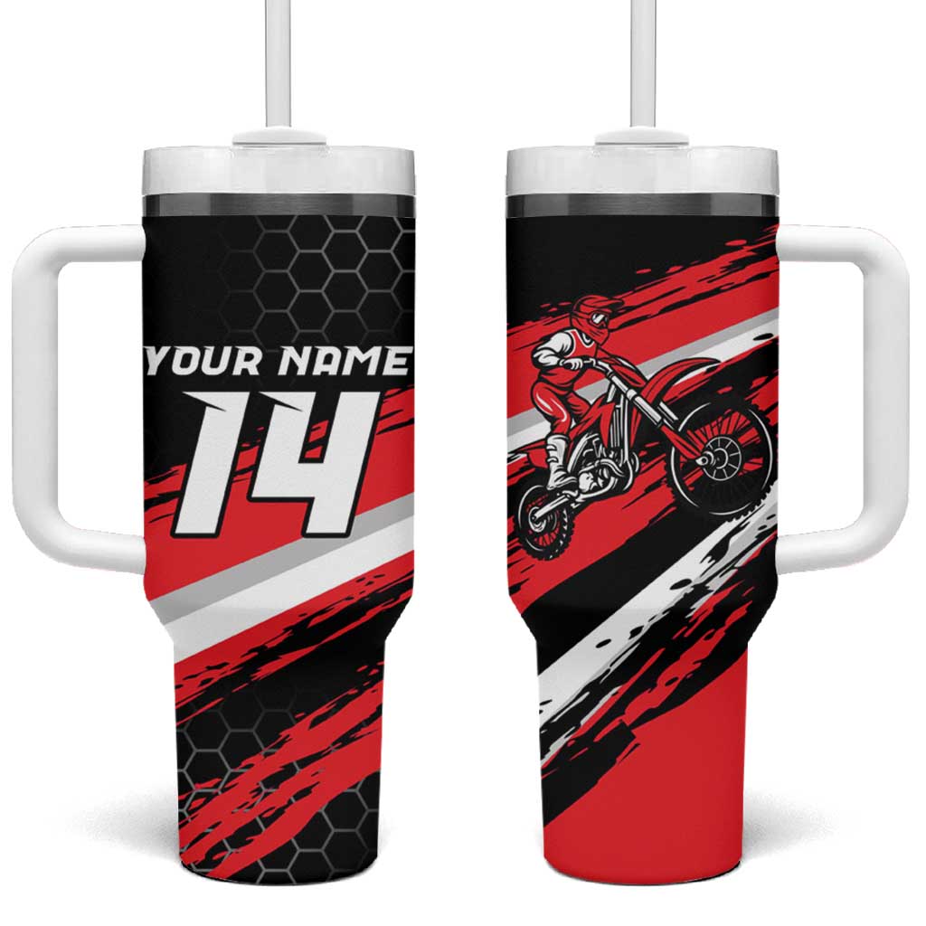 Custom Dirt Bike Tumbler With Handle Motocross Rider Red Black Hex Pattern and Racing Number - Wonder Print Shop