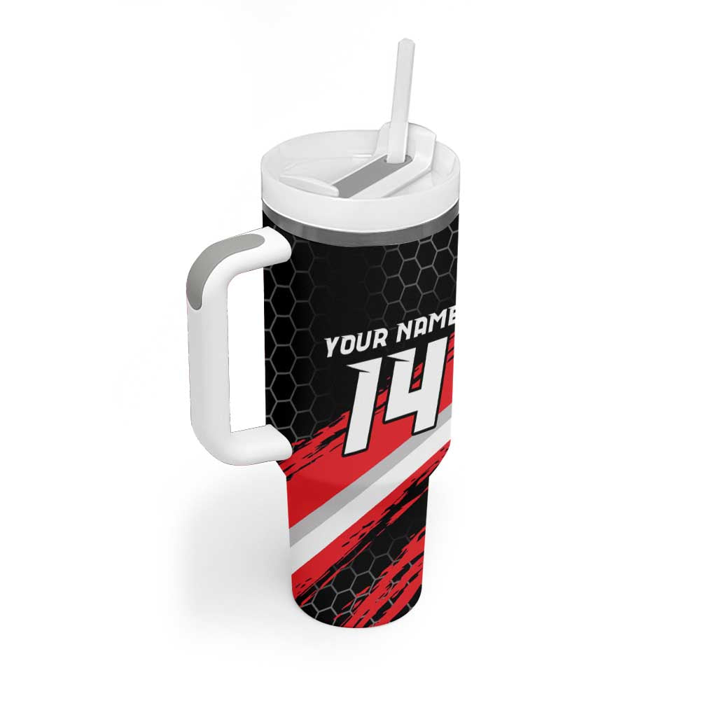 Custom Dirt Bike Tumbler With Handle Motocross Rider Red Black Hex Pattern and Racing Number - Wonder Print Shop