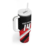 Custom Dirt Bike Tumbler With Handle Motocross Rider Red Black Hex Pattern and Racing Number - Wonder Print Shop