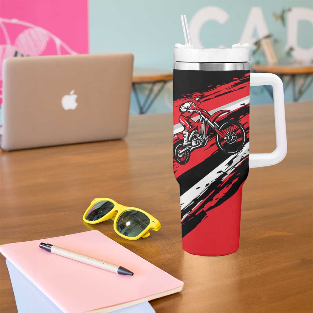 Custom Dirt Bike Tumbler With Handle Motocross Rider Red Black Hex Pattern and Racing Number - Wonder Print Shop