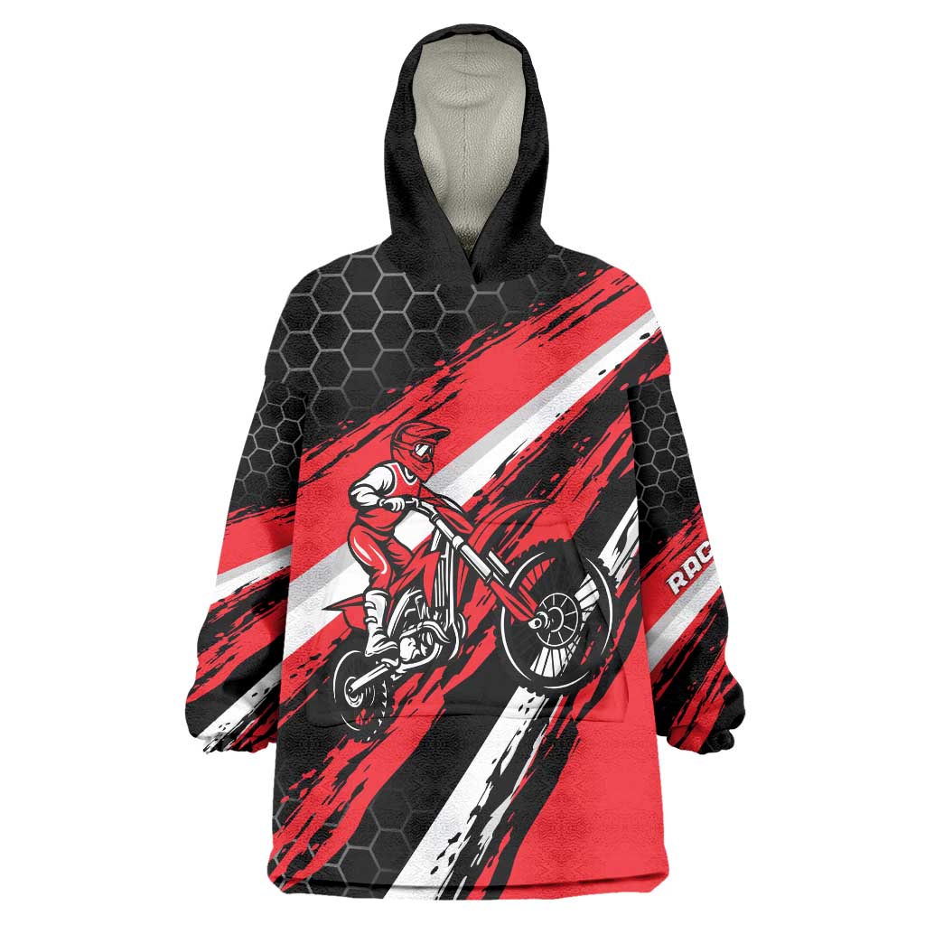 Custom Dirt Bike Wearable Blanket Hoodie Motocross Rider Red Black Hex Pattern and Racing Number - Wonder Print Shop