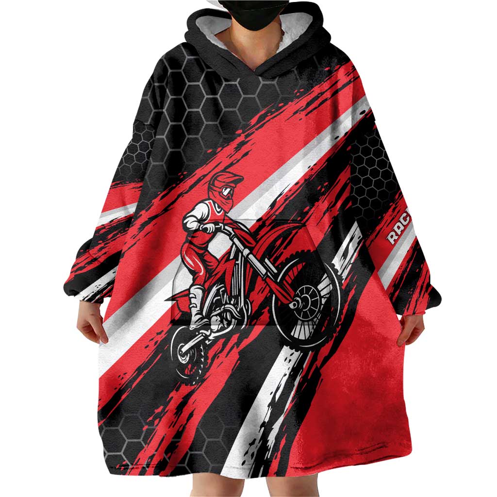 Custom Dirt Bike Wearable Blanket Hoodie Motocross Rider Red Black Hex Pattern and Racing Number - Wonder Print Shop