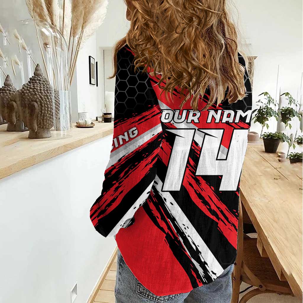 Custom Dirt Bike Women Casual Shirt Motocross Rider Red Black Hex Pattern and Racing Number - Wonder Print Shop
