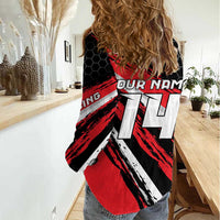 Custom Dirt Bike Women Casual Shirt Motocross Rider Red Black Hex Pattern and Racing Number - Wonder Print Shop