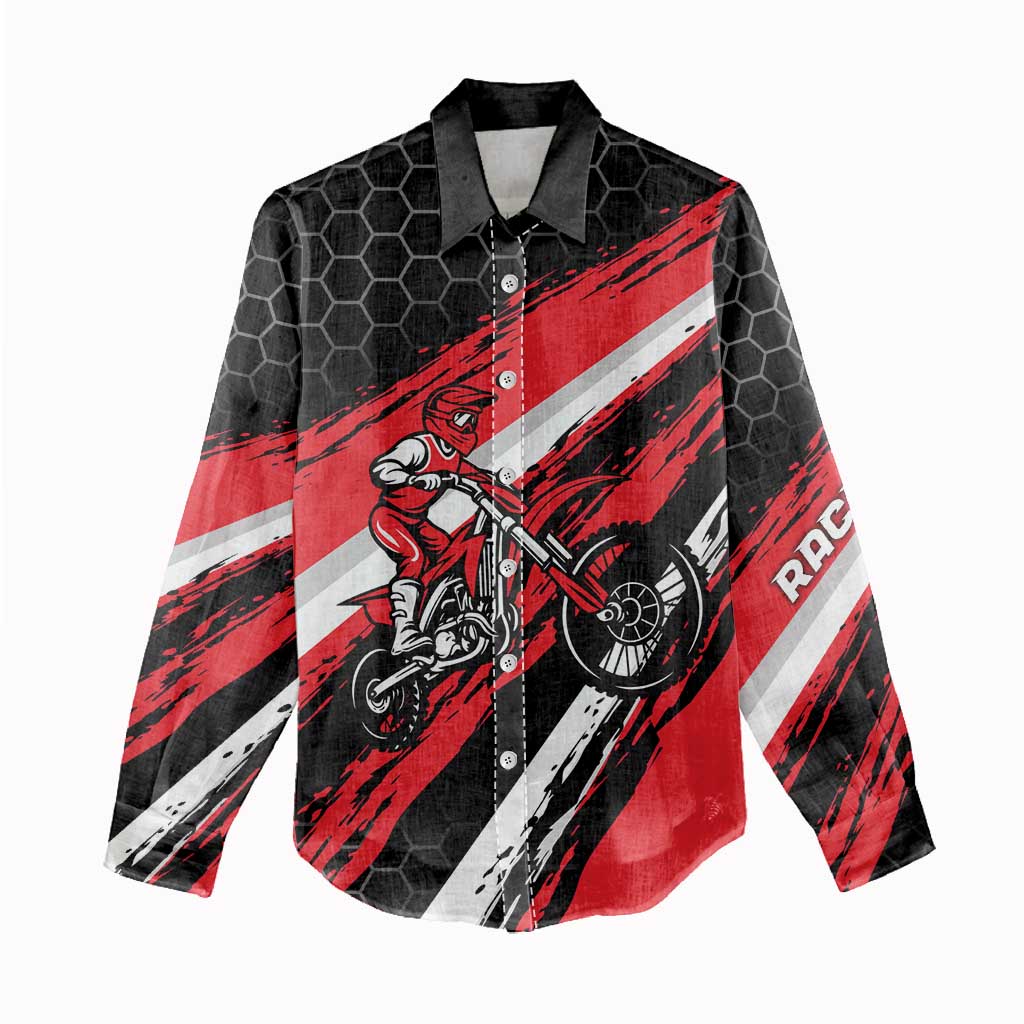 Custom Dirt Bike Women Casual Shirt Motocross Rider Red Black Hex Pattern and Racing Number - Wonder Print Shop