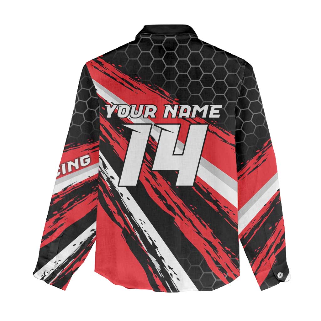 Custom Dirt Bike Women Casual Shirt Motocross Rider Red Black Hex Pattern and Racing Number - Wonder Print Shop