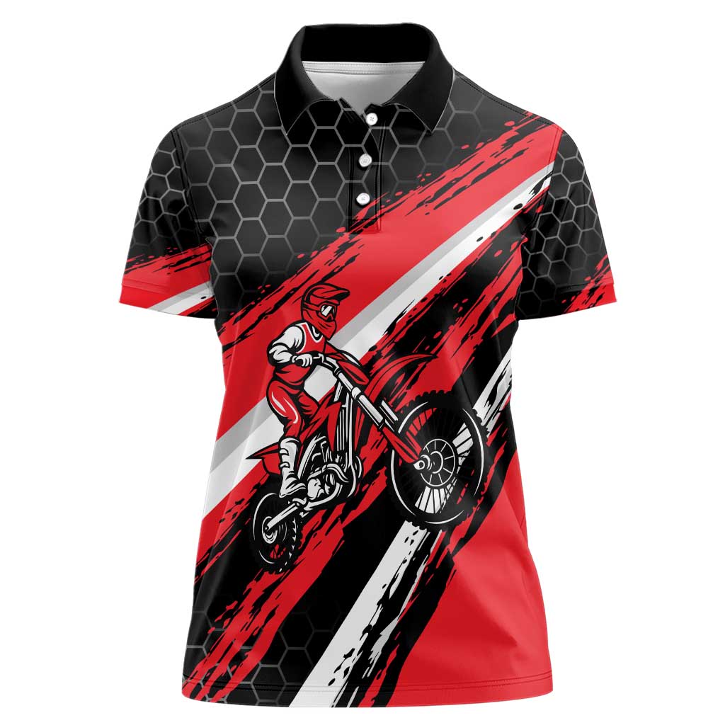 Custom Dirt Bike Women Polo Shirt Motocross Rider Red Black Hex Pattern and Racing Number - Wonder Print Shop