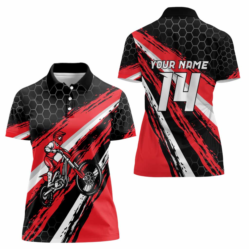 Custom Dirt Bike Women Polo Shirt Motocross Rider Red Black Hex Pattern and Racing Number - Wonder Print Shop