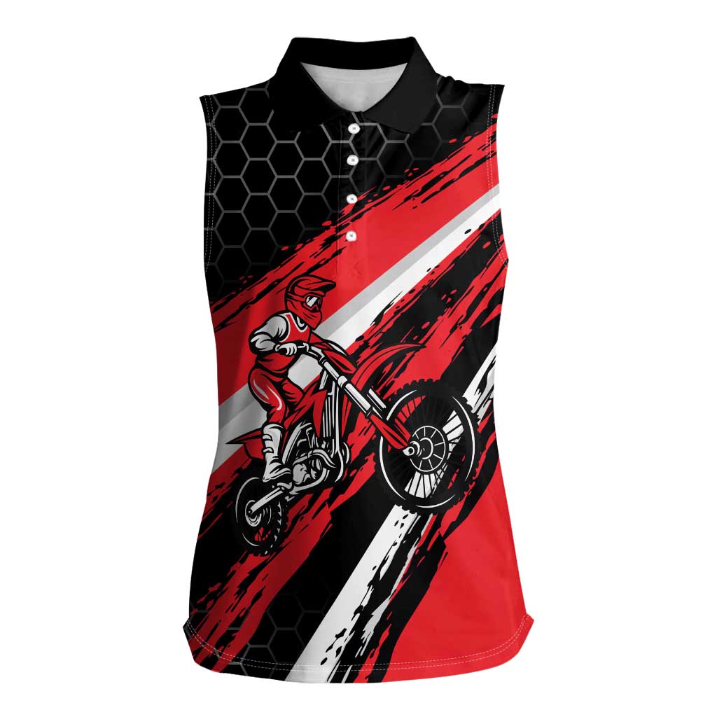 Custom Dirt Bike Women Sleeveless Polo Shirt Motocross Rider Red Black Hex Pattern and Racing Number - Wonder Print Shop