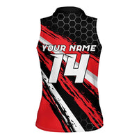 Custom Dirt Bike Women Sleeveless Polo Shirt Motocross Rider Red Black Hex Pattern and Racing Number - Wonder Print Shop