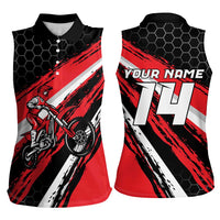 Custom Dirt Bike Women Sleeveless Polo Shirt Motocross Rider Red Black Hex Pattern and Racing Number - Wonder Print Shop