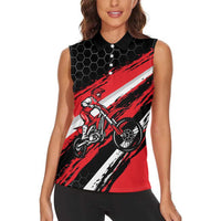 Custom Dirt Bike Women Sleeveless Polo Shirt Motocross Rider Red Black Hex Pattern and Racing Number - Wonder Print Shop