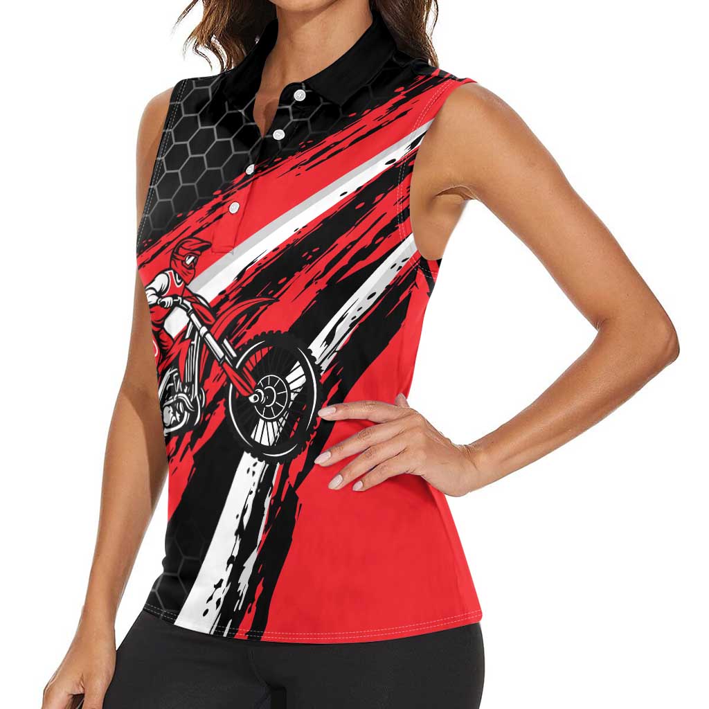 Custom Dirt Bike Women Sleeveless Polo Shirt Motocross Rider Red Black Hex Pattern and Racing Number - Wonder Print Shop