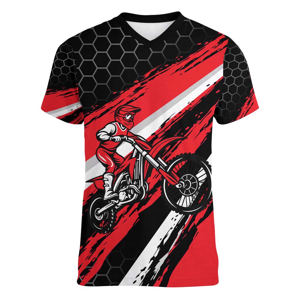 Custom Dirt Bike Women V-Neck T-Shirt Motocross Rider Red Black Hex Pattern and Racing Number - Wonder Print Shop