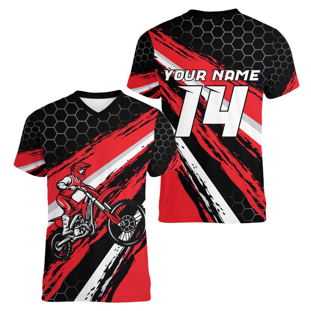 Custom Dirt Bike Women V-Neck T-Shirt Motocross Rider Red Black Hex Pattern and Racing Number - Wonder Print Shop
