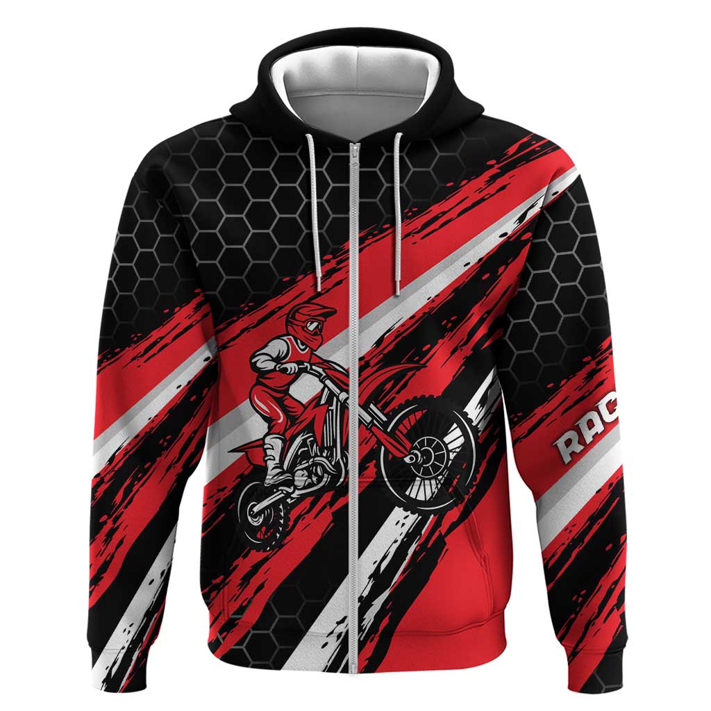 Custom Dirt Bike Zip Hoodie Motocross Rider Red Black Hex Pattern and Racing Number - Wonder Print Shop