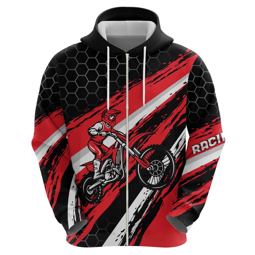 Custom Dirt Bike Zip Hoodie Motocross Rider Red Black Hex Pattern and Racing Number - Wonder Print Shop