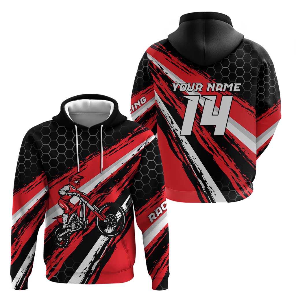 Custom Dirt Bike Zip Hoodie Motocross Rider Red Black Hex Pattern and Racing Number - Wonder Print Shop