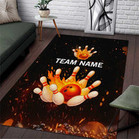 Flaming Bowling Ball Design Area Rug with Strike Pins and Glowing Fire Sparks on Dark Background - Wonder Print Shop