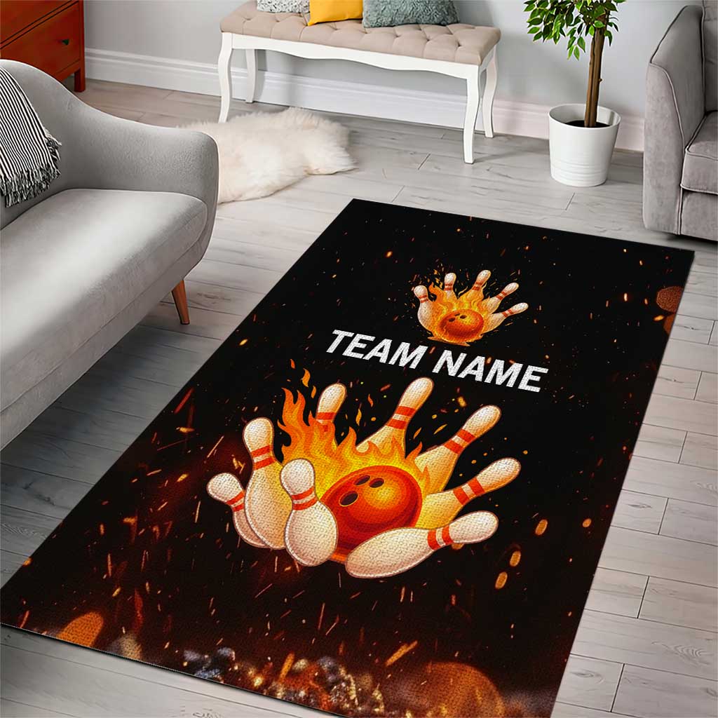 Flaming Bowling Ball Design Area Rug with Strike Pins and Glowing Fire Sparks on Dark Background - Wonder Print Shop