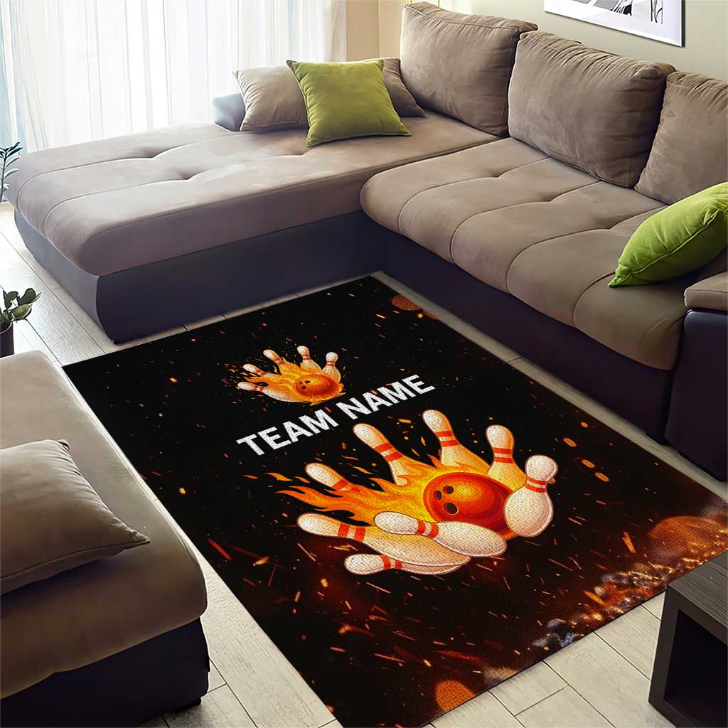 Flaming Bowling Ball Design Area Rug with Strike Pins and Glowing Fire Sparks on Dark Background - Wonder Print Shop