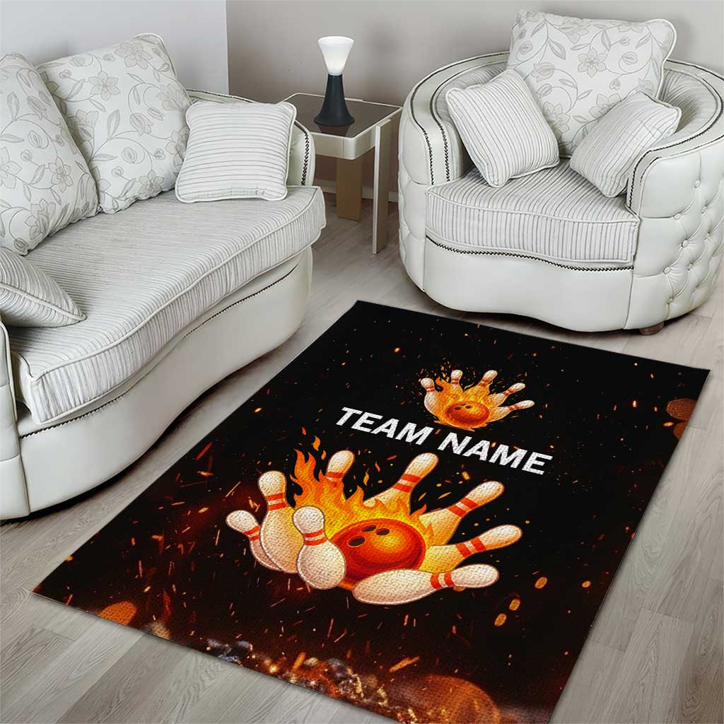 Flaming Bowling Ball Design Area Rug with Strike Pins and Glowing Fire Sparks on Dark Background - Wonder Print Shop