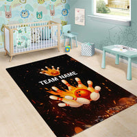 Flaming Bowling Ball Design Area Rug with Strike Pins and Glowing Fire Sparks on Dark Background - Wonder Print Shop